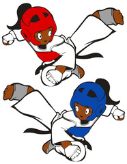 Taekwondo female players wearing red and blue chest protection illustration vector African American
