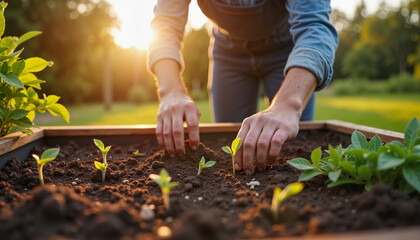 Fototapeta premium A gardener kneeling in golden sunlight, carefully planting small seedlings into the ground. This image evokes a sense of dedication and care for nature.
