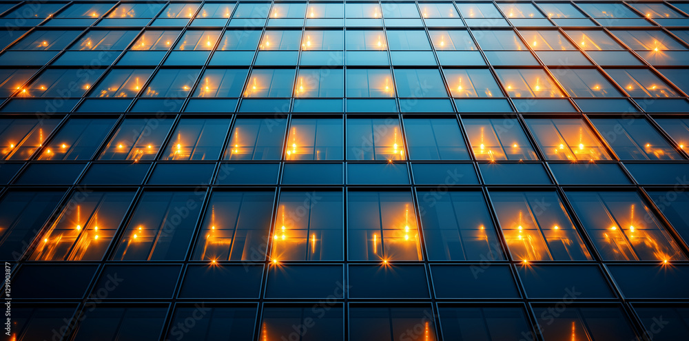 Poster large office building with reflective glass facade showcasing bright lights. modern architecture fea
