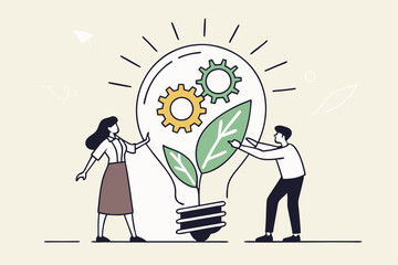 ESG, Environmental, Social and Corporate Governance, company responsibility to care world environment and people concept, business people touch light bulb with seedling green plant and governance gear