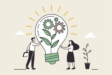 ESG, Environmental, Social and Corporate Governance, company responsibility to care world environment and people concept, business people touch light bulb with seedling green plant and governance gear