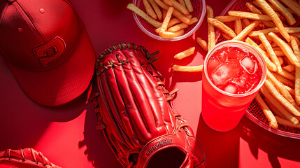 Flat Lay with Baseball Glove, Cap, Soft Drink, and Fries on Red Background.