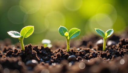 Naklejka premium A stunning macro shot of three green seedlings emerging from rich soil. This image captures the delicate process of new life beginning.