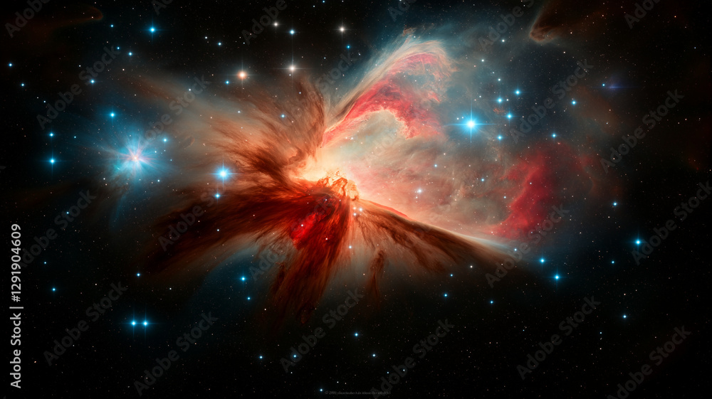 Aufkleber vibrant red nebula drifts through vast expanse of space, illuminated by countless stars. intricate p
