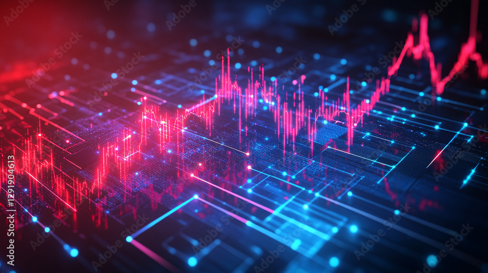 Poster a vibrant digital graph displays fluctuating data trends in red and blue, illustrating the complexit