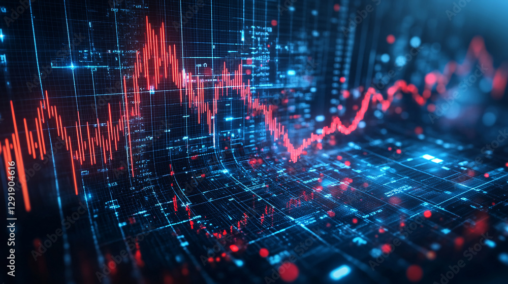 Poster a dynamic visualization of financial data trends, featuring red and blue lines in a digital environm