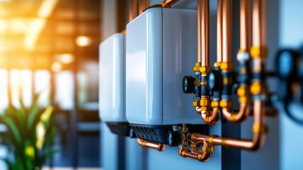 A wall mounted white boiler with copper pipes, showcasing modern plumbing in bright environment. setup highlights efficiency and contemporary design