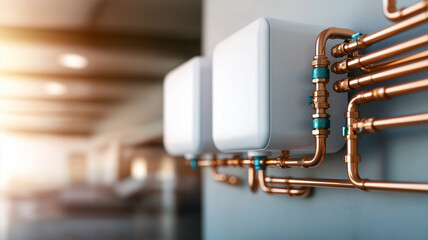 wall mounted white boiler with copper pipes, showcasing modern plumbing design in bright interior. setup emphasizes efficiency and contemporary aesthetics