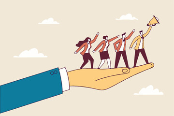 Company culture or employees sharing the same value, goals and attitude to make up organization and corporate success concept, business people employees pointing to the same goal in company hand.