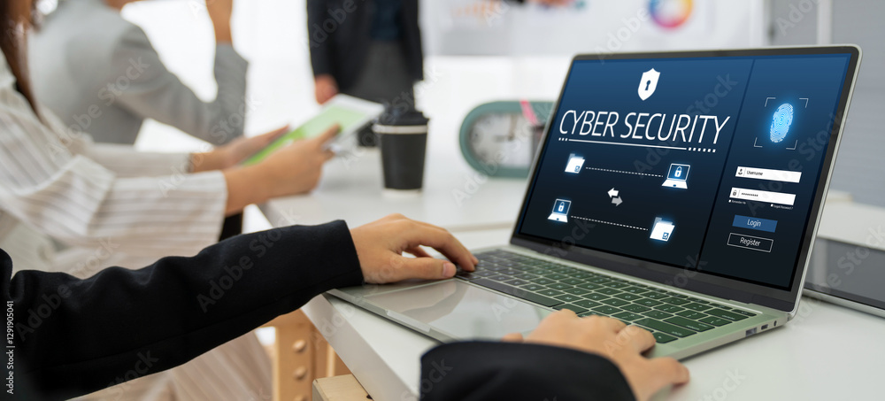 Poster cyber security system on computer screen protect private information snugly from hacker and cyber at