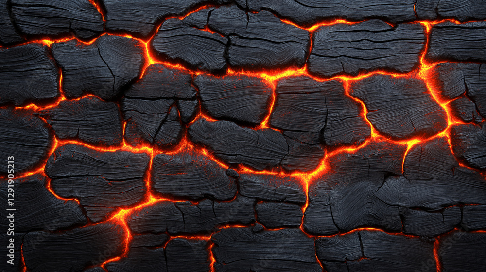 Poster lava texture with glowing cracks charred black surface, creating dramatic and intense visual effect.