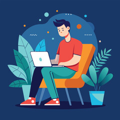 a boy is using his laptop vector	