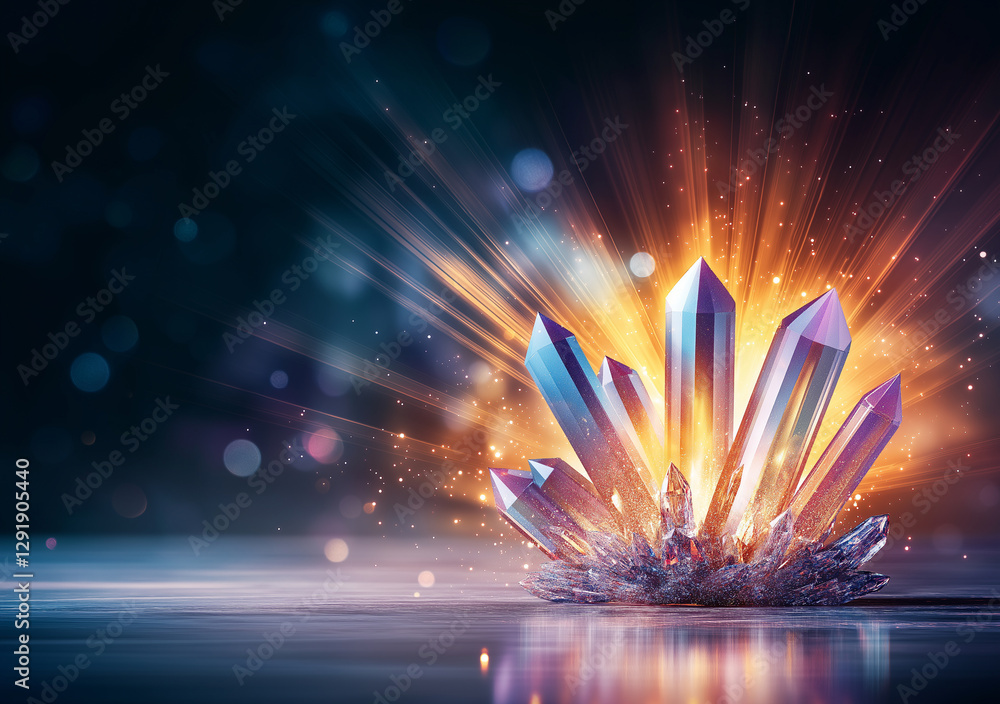 Poster vibrant crystal formation with rays of light and sparkling bokeh effects, creating magical atmospher