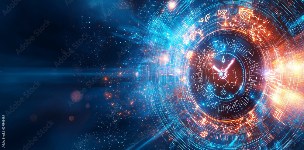 Poster vibrant cosmic background featuring clock surrounded by glowing elements, symbolizing time and space
