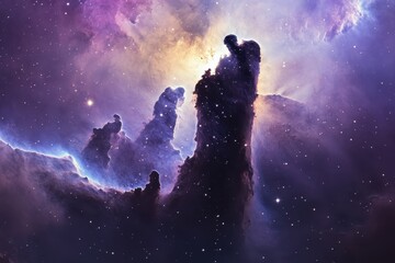 Obraz premium A photo capturing the captivating sight of a space filled with stars in shades of purple and blue Ethereal depiction of nebula in cool color gradient .