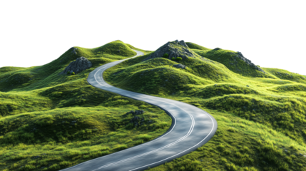 Rolling Green Hills with Winding Mountain Road, Misty Peaks, and Lush Grasslands – Scenic Vista, Serpentine Path, PNG isolated Transparent White Background Photo Image Full hd 4k download