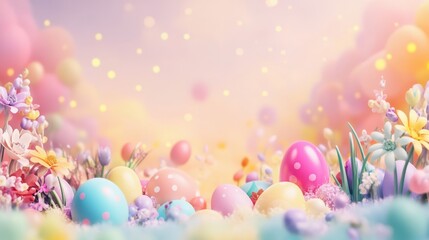 Pastel easter eggs are nestled in a fluffy flower field