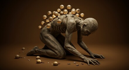 Crouching Figure with Light Orbs Emerging From Back, Surreal Concept
