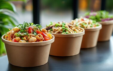 Freshly prepared vegetarian bowls filled with colorful ingredients, garnished with herbs, displayed on a dark table in a casual dining setting