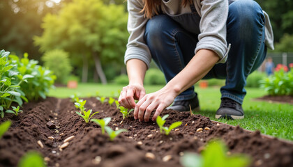 Fototapeta premium A gardener sprinkling soil over newly planted seedlings in a seedling tray. This image showcases the seedling care process essential for healthy plant development.