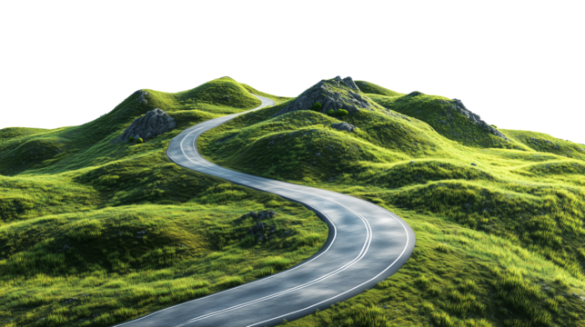 Rolling Green Hills with Winding Mountain Road, Misty Peaks, and Lush Grasslands – Scenic Vista, Serpentine Path, PNG isolated Transparent White Background Photo Image Full hd 4k download
