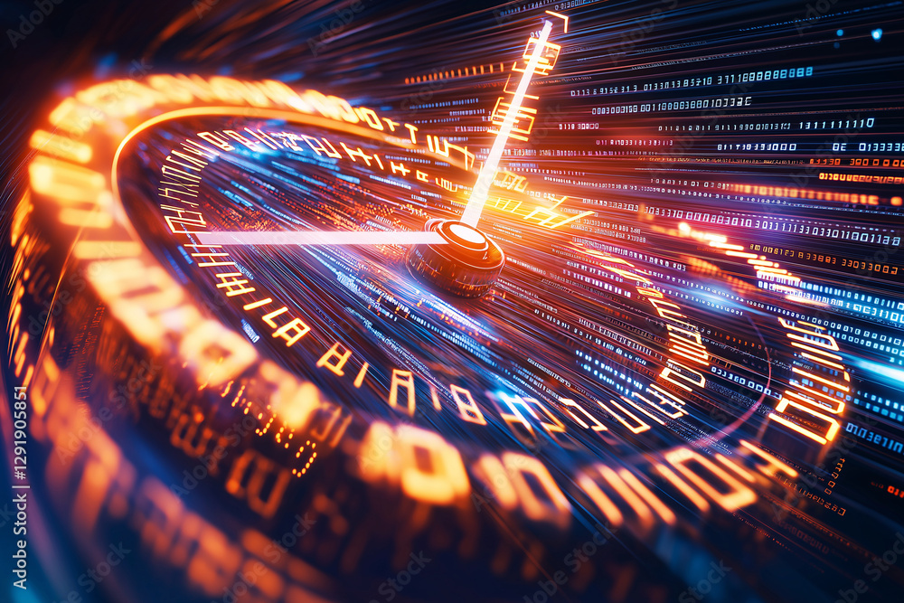 Poster digital clock with glowing numbers and dynamic light trails on dark background, creating futuristic 
