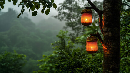 Glowing Diwali Lanterns in a Misty Forest at Night.