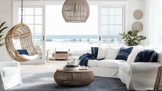 Sunlight streaming into spacious coastal living room, highlighting wicker hanging chair, pristine white sofa, and expansive ocean panorama through oversized windows Concept of real estate