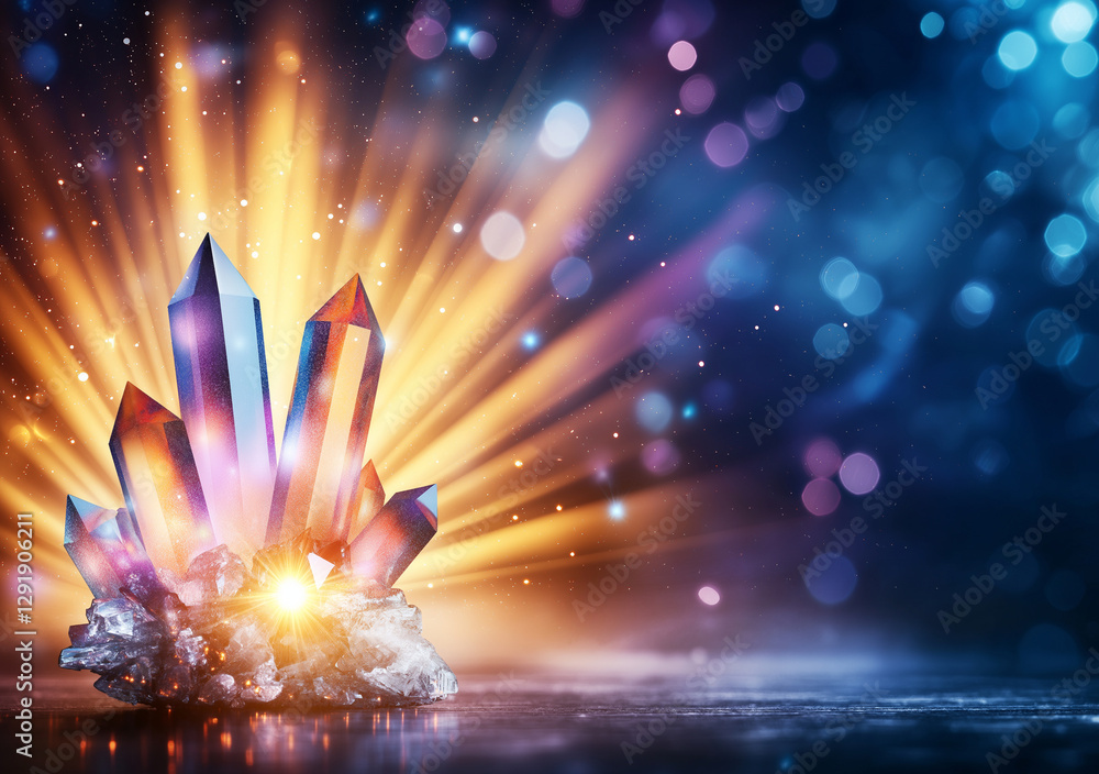 Poster vibrant crystals with rays of light and bokeh effects create magical atmosphere. colorful reflection