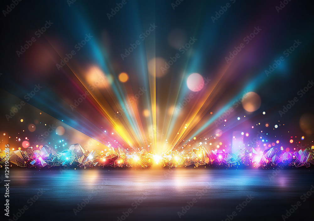 Poster vibrant abstract background with rays of light and colorful crystals, creating mesmerizing visual ef