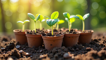 Close-up of young seedlings sprouting from small pots in nutrient-rich soil. This image represents the early stages of germination, showcasing the magic of planting seeds and watching them grow.