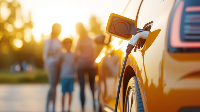 electric car charging at home during sunset, with family in background enjoying quality time together. warm light creates cozy atmosphere