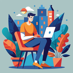a boy is using his laptop vector	