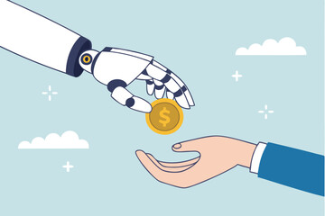 Artificial intelligence AI make money, data licensing resource for AI training payment, automation investment, robot trading or banking concept, AI robot hand giving dollar money to businessman.