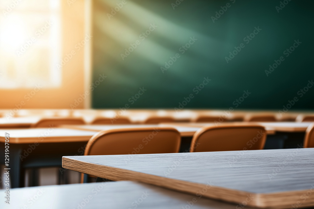 Poster blurred empty classroom background with desks and chairs, creating serene and focused atmosphere for