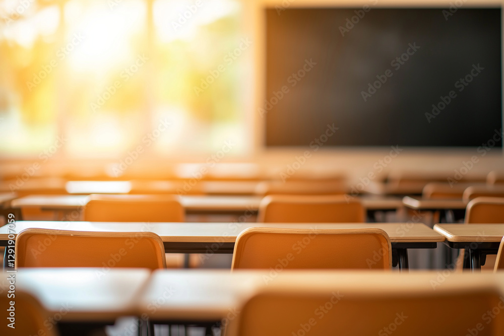 Aufkleber blurred empty classroom background with desks and chalkboard, illuminated by warm sunlight, creates 