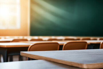 blurred empty classroom background with desks and chairs, creating serene and focused atmosphere for learning. warm light enhances inviting environment