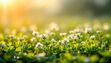 delicate harmony and pristine moments of a new day commence with essence of purity and awakening found in white clover flowers nestled in dew-kissed grass during early morning