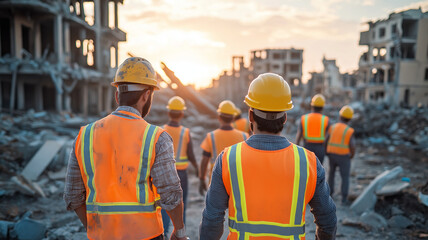 team of construction workers in safety gear surveys disaster site at sunset, showcasing teamwork and resilience in challenging conditions