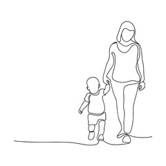Mother and Toddler Walking, Holding Hands, Single Line Art