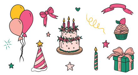 Happy Birthday set of designs for celebration. Wedding decoration in pink color. Hand drawn vector sketch illustration in doodle engraved vintage line art style. Holiday icons, cake, balloons