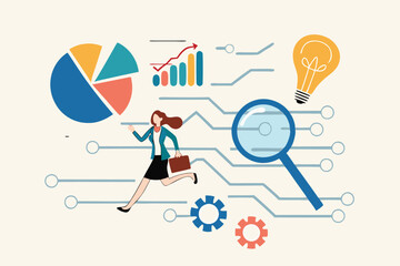 Business intelligence data analysis for business insight, database or statistics, marketing technology or data funnel or indicator concept, businesswoman work with data analysis and magnifying glass.