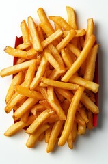 Golden Crispy French Fries in a Red Container Shot from Above Perfect for Food Advertising and Culinary Inspirations
