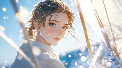 Anime-style illustration of a person in a close-up shot on a sailing yacht, with the ocean breeze gently tousling their hair.