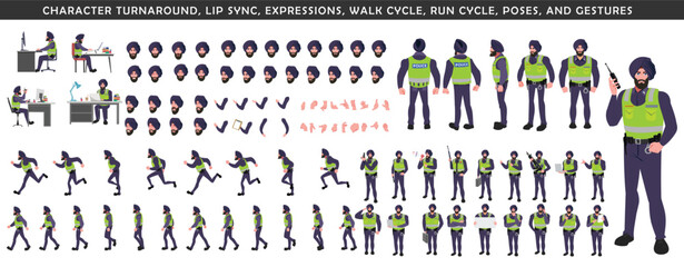 
Police Officer Character Design Model Sheet. Man, Character design. Front, side, back view and explainer animation poses. Character set with lip sync and Walk cycle animation sequences.
