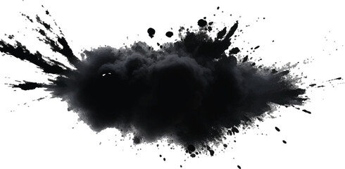 Fototapeta premium Abstract Black Smoke and Dust Explosion Spreading Dramatically Against a Stark White Background in a High-Contrast Surreal Concept Illustration 