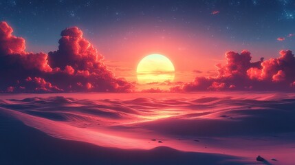 Fototapeta premium Desert sunset, red clouds, starry sky, landscape, fantasy art