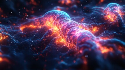 Glowing energy flows across dark, volcanic surface; abstract background for design