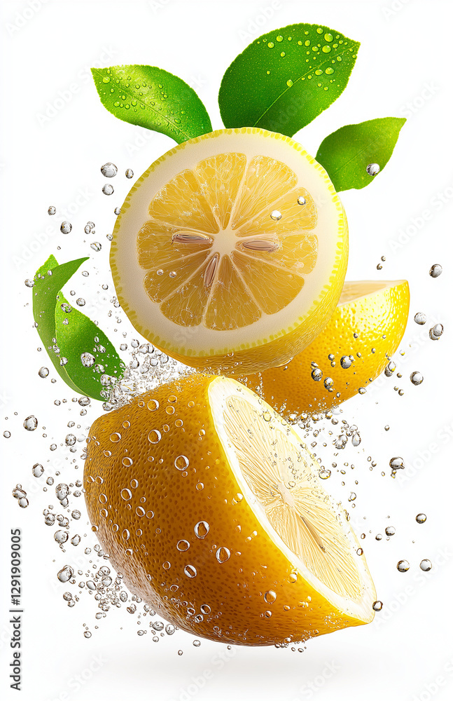 Poster fresh lemon slices with green leaves are splashing in water, creating refreshing and vibrant scene. 