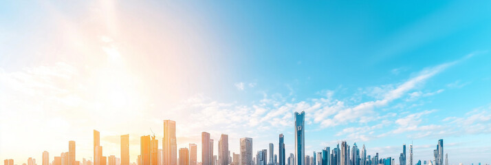 Fototapeta premium Futuristic city skyline with modern skyscrapers under bright blue sky, showcasing vibrant urban landscape at sunrise
